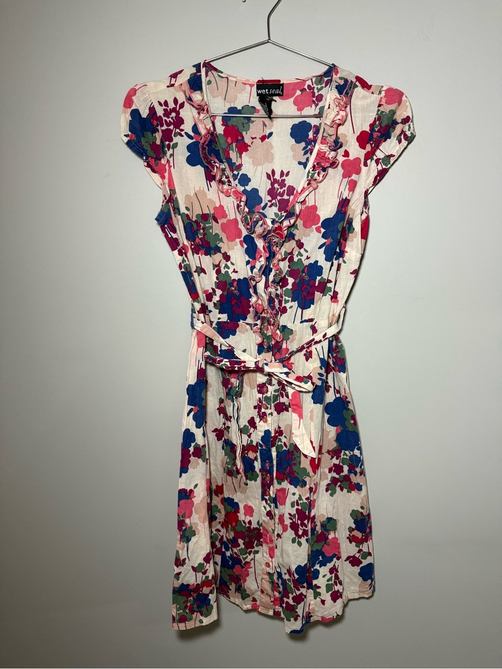 Wet Seal Cream Floral Wrap Mini Dress with Pink & Blue Blooms Size S | Y2K